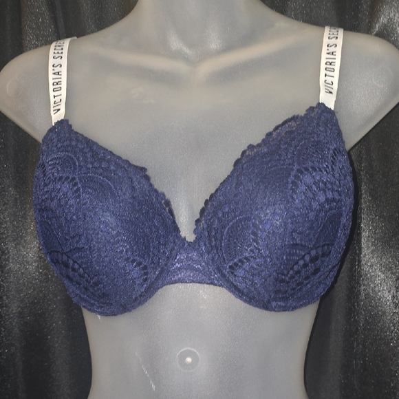 Victoria's Secret Deep Navy Lace Push-Up Bra with Branded Straps